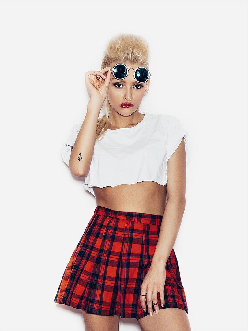 White short checkered T-shirt & skirt